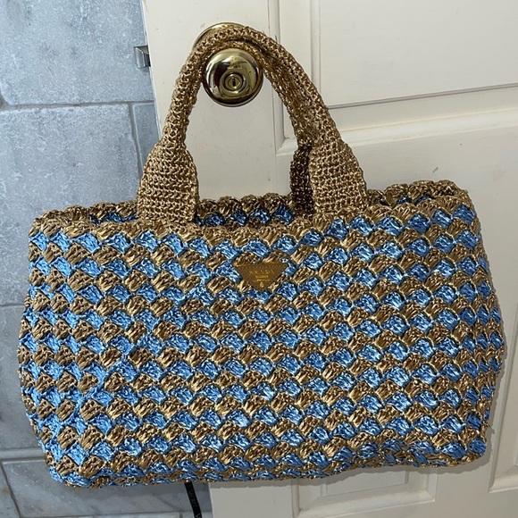 Prada Handbags - Prada Cielo Raffia Crochet Shopping Vacation Blue Tote Bag Rafia Resort